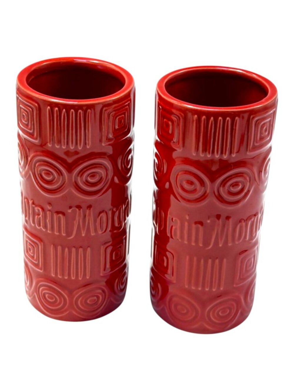 Captain Morgan Tiki Mug Lot 2 Red Ceramic Tribal Pattern Rum Barware 2010